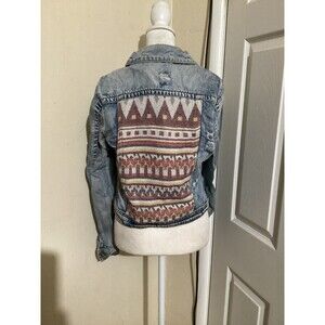 White Crow Jacket Womens Medium Blue Denim Aztec Southwest Boho Distressed